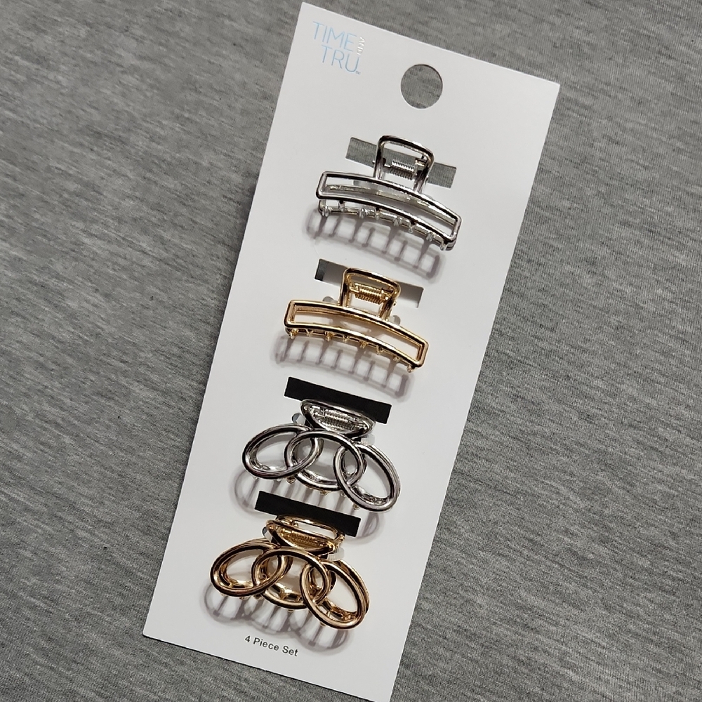 🔴 TIME AND TRU Brand Silver & Gold Mini Claw Hair Clip 4-Piece Matching Set